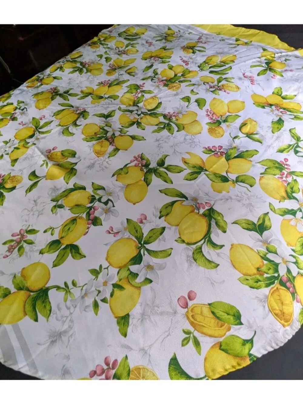 Sunny Yellow Round Tablecloth Lemon Tree Print Polyester 68”